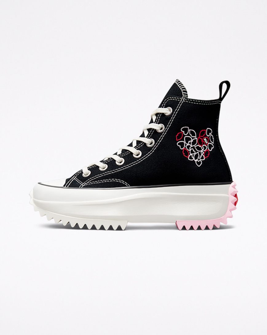 Men's Converse Run Star Hike Embroidered Hearts High Top Platform Shoes Black / Red | AU 436C1T